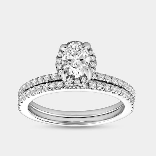 Gilded 1 Carat Lab-Grown Oval-Shaped Hidden Halo Engagement Ring Set