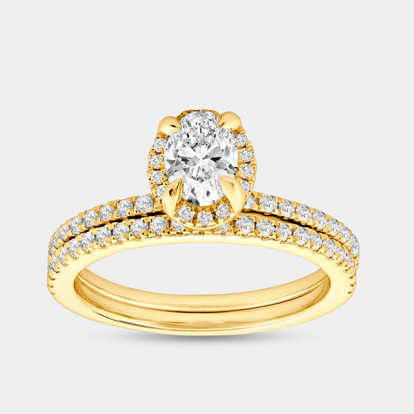 Gilded 1 Carat Lab-Grown Oval-Shaped Hidden Halo Engagement Ring Set