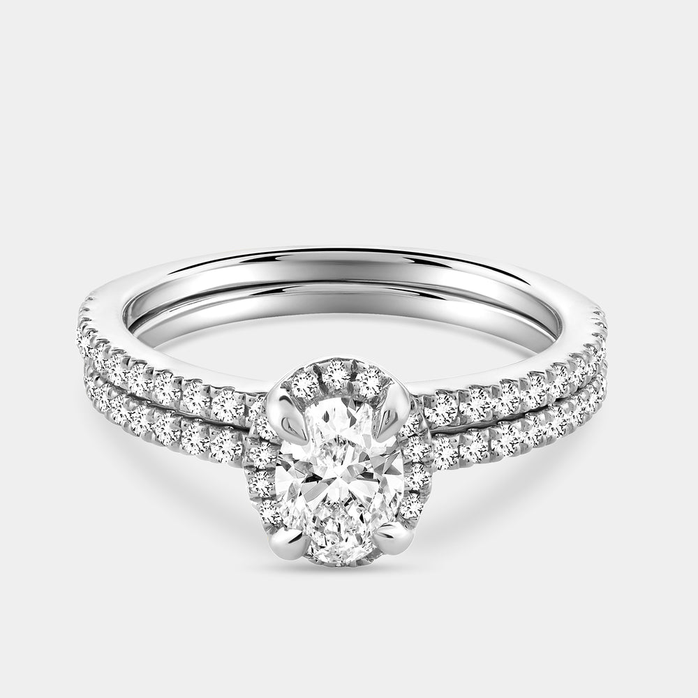 Gilded 1 Carat Lab-Grown Oval-Shaped Hidden Halo Engagement Ring Set