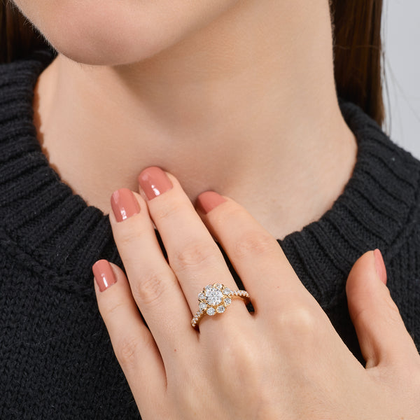 1 and 1/2 Carat Lab-Grown Diamond Round-Shaped Flower Halo Engagement Ring with a Classic Shank — GILDED New York