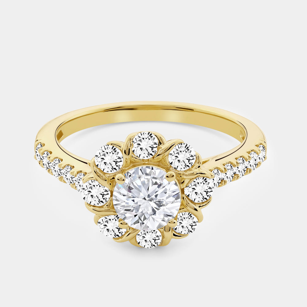 Gilded 1 and 1/2 Carat Lab-Grown Diamond Round-Shaped Flower Halo Engagement Ring with a Classic Shank