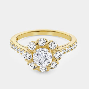 Gilded 1 and 1/2 Carat Lab-Grown Diamond Round-Shaped Flower Halo Engagement Ring with a Classic Shank
