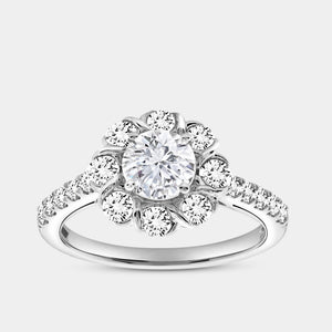 Gilded 1 and 1/2 Carat Lab-Grown Diamond Round-Shaped Flower Halo Engagement Ring with a Classic Shank