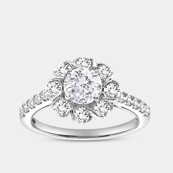 1 and 1/2 Carat Lab-Grown Diamond Round-Shaped Flower Halo Engagement Ring with a Classic Shank — GILDED New York