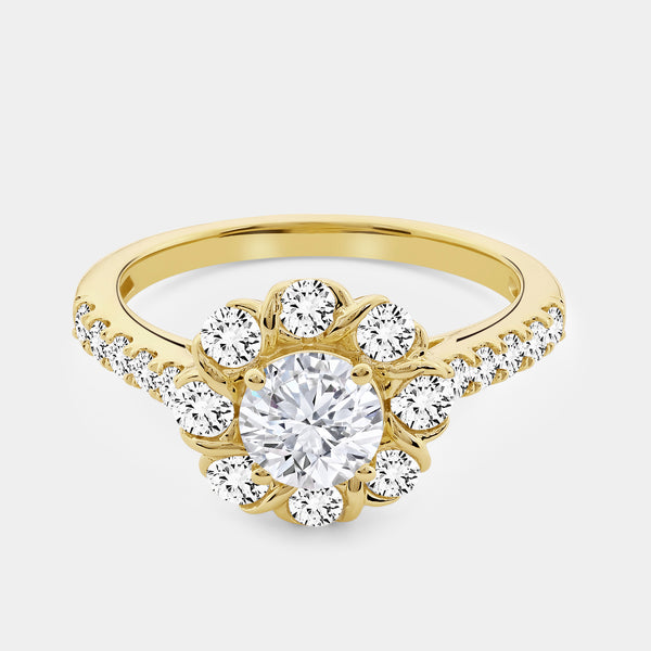 1 and 1/2 Carat Lab-Grown Diamond Round-Shaped Flower Halo Engagement Ring with a Classic Shank — GILDED New York