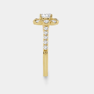 Gilded 1 and 1/2 Carat Lab-Grown Diamond Round-Shaped Flower Halo Engagement Ring with a Classic Shank