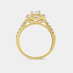 Gilded 1 and 1/2 Carat Lab-Grown Diamond Round-Shaped Flower Halo Engagement Ring with a Classic Shank