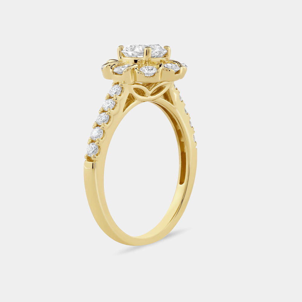 Gilded 1 and 1/2 Carat Lab-Grown Diamond Round-Shaped Flower Halo Engagement Ring with a Classic Shank