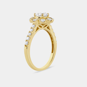 Gilded 1 and 1/2 Carat Lab-Grown Diamond Round-Shaped Flower Halo Engagement Ring with a Classic Shank