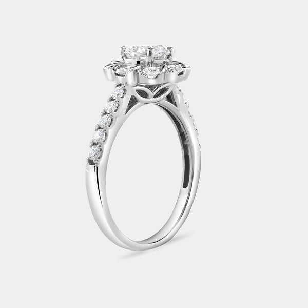 1 and 1/2 Carat Lab-Grown Diamond Round-Shaped Flower Halo Engagement Ring with a Classic Shank — GILDED New York
