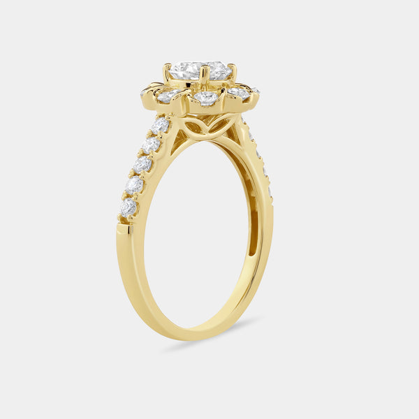 1 and 1/2 Carat Lab-Grown Diamond Round-Shaped Flower Halo Engagement Ring with a Classic Shank — GILDED New York