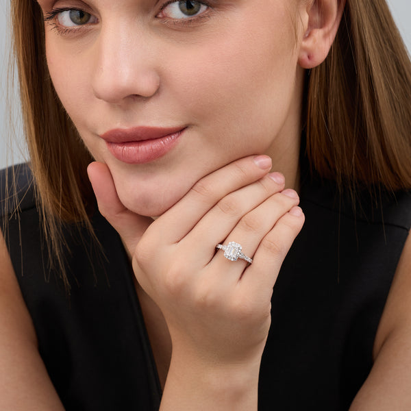 1 and 1/2 Carat Lab-Grown Diamond Emerald-Cut Halo Engagement Ring with a Classic Shank — GILDED New York