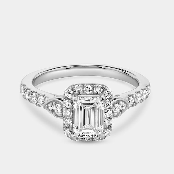 1 and 1/2 Carat Lab-Grown Diamond Emerald-Cut Halo Engagement Ring with a Classic Shank — GILDED New York