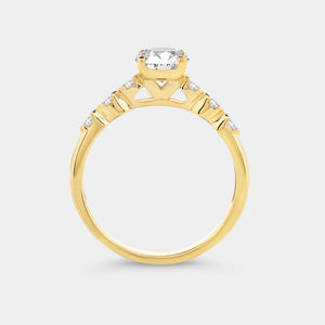 Gilded 1 Carat Lab-Grown Diamond Round-Shaped Petit Solitaire Plus Engagement Ring with Round-Shaped Accents
