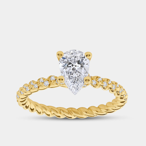 Gilded 1 and 1/4 Carat Lab-Grown Diamond Pear-Shaped Solitaire Plus Engagement Ring with a Twisted Shank