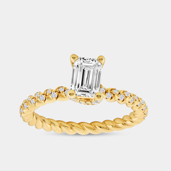 Gilded 1 and 1/4 Carat Lab-Grown Diamond Emerald-Cut Solitaire Plus Engagement Ring with a Twisted Shank