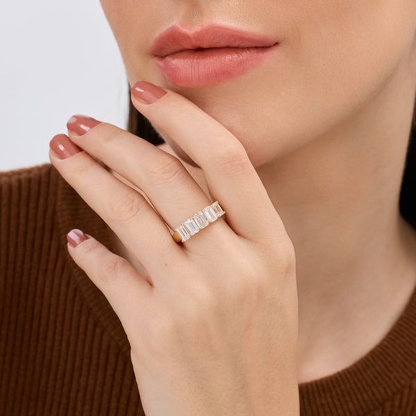 Gilded 2 and 1/2 Carat Lab-Grown Diamond Emerald-Cut Five-Stone Ring