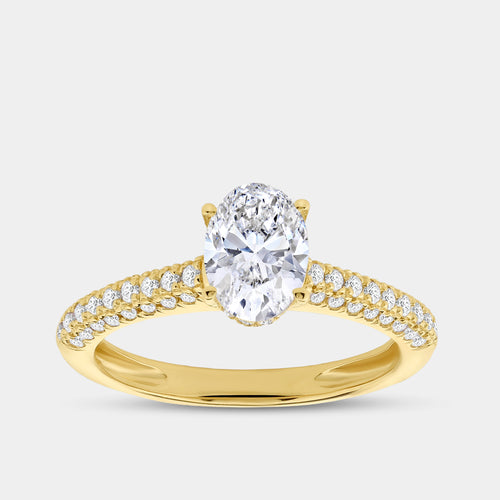 Gilded 1 and 1/2 Carat Lab-Grown Diamond Oval-Shaped Solitaire Plus Ring with a Pavé Shank