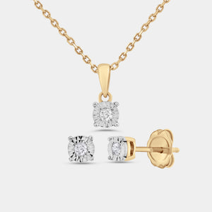 Gilded 1/10 Carat Lab-Grown Diamond Round-Shaped Two-Piece Earring and Pendant Set in an Illusion Plate