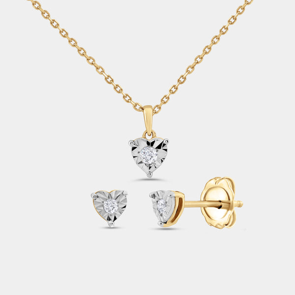 Gilded 1/10 Carat Lab-Grown Diamond Round-Shaped Two-Piece Earring and Pendant Set in a Heart-Shaped Illusion Plate