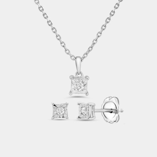 Gilded 1/10 Carat Lab-Grown Diamond Round-Shaped Two-Piece Earring and Pendant Set in a Square Illusion Plate