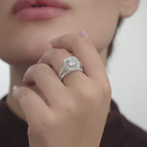 Gilded 3 and 1/2 Carat Lab-Grown Diamond Engagement Ring Set with a Round-Shaped Center and a Cushion Halo