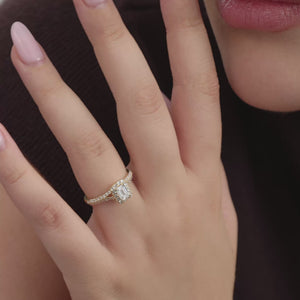 Gilded 1 Carat Lab-Grown Diamond Emerald-Cut Halo Engagement Ring with a Pavé Shank