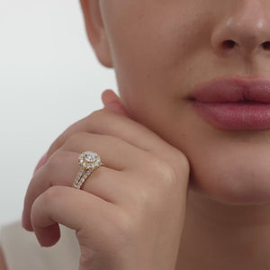 Gilded 1 and 3/4 Carat Lab-Grown Diamond Round Halo Engagement Ring Set with a Round-Shaped Center and a Cushion Halo