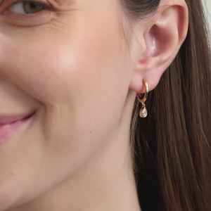 Gilded 3/8 Carat Lab-Grown Diamond Huggie Hoop Earrings with a Pear-Shaped, Bezel-Set Drop