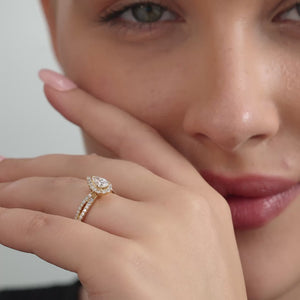 Gilded 1 Carat Lab-Grown Diamond Pear-Shaped Halo Engagement Ring with a Crossover Shank