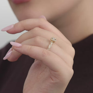 Gilded 1 Carat Lab-Grown Diamond Engagement Ring with a Round-Shaped Center, a Cushion Halo and a Braided Shank