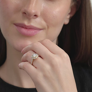 Gilded 1 and 1/2 Carat Lab-Grown Diamond Round-Shaped Flower Halo Engagement Ring with a Classic Shank