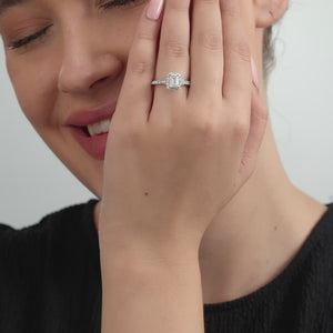 Gilded 1 and 1/2 Carat Lab-Grown Diamond Emerald-Cut Halo Engagement Ring with a Classic Shank
