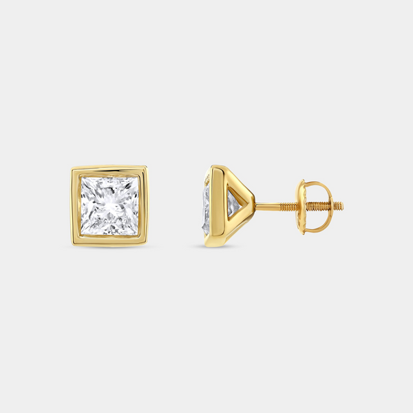 2 Carat Lab-Grown Diamond Princess-Cut, Bezel-Set Solitaire Studs — GILDED New York